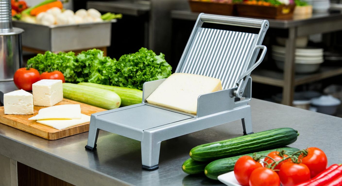 A sturdy aluminum-magnesium alloy vegetable and cheese slicer sits on a stainless steel counter in a bustling Turkish restaurant kitchen, surrounded by fresh cucumbers, tomatoes, and blocks of white cheese ready to be sliced.