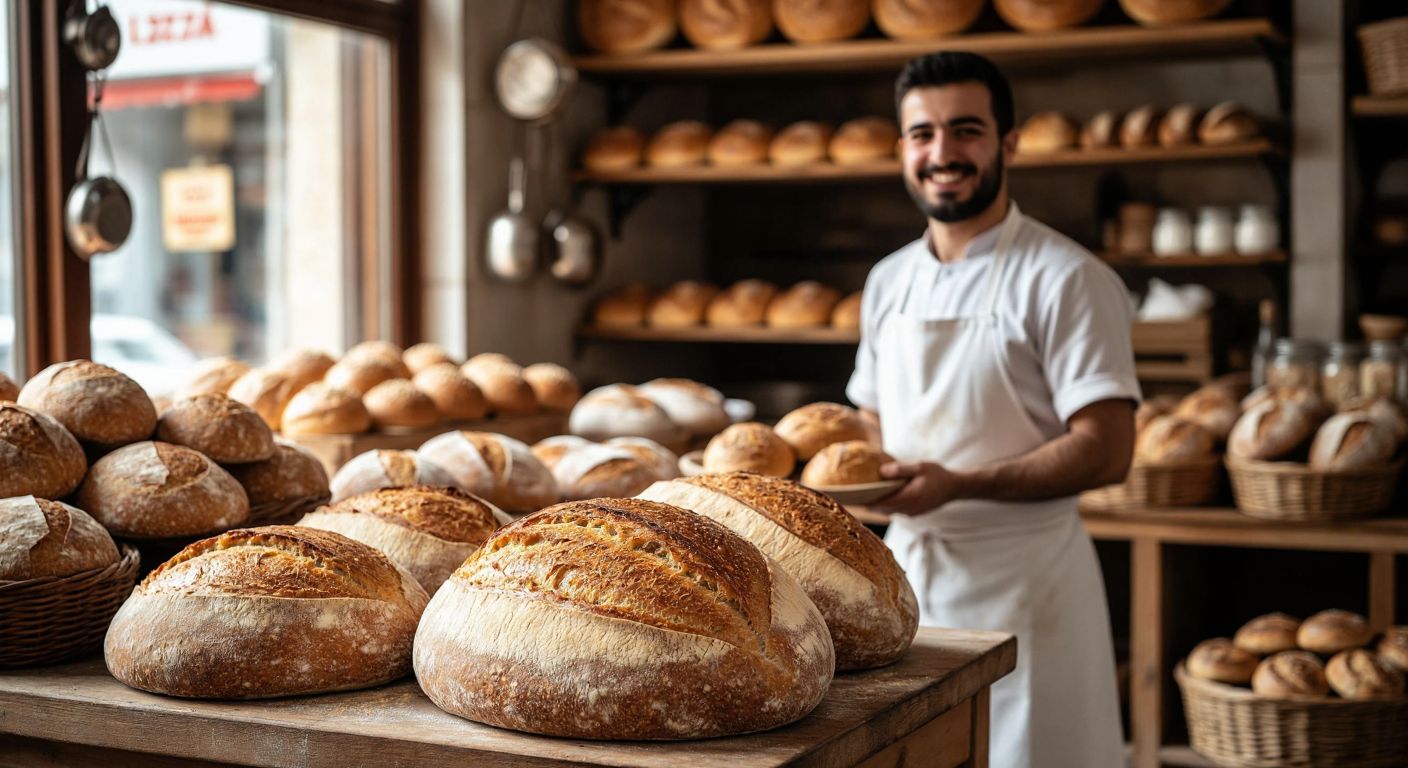 A warm, golden-brown loaf of siyez bread sits on a wooden counter in a bustling Turkish bakery, surrounded by fresh loaves and a smiling baker in a white apron holding a tray of bread.