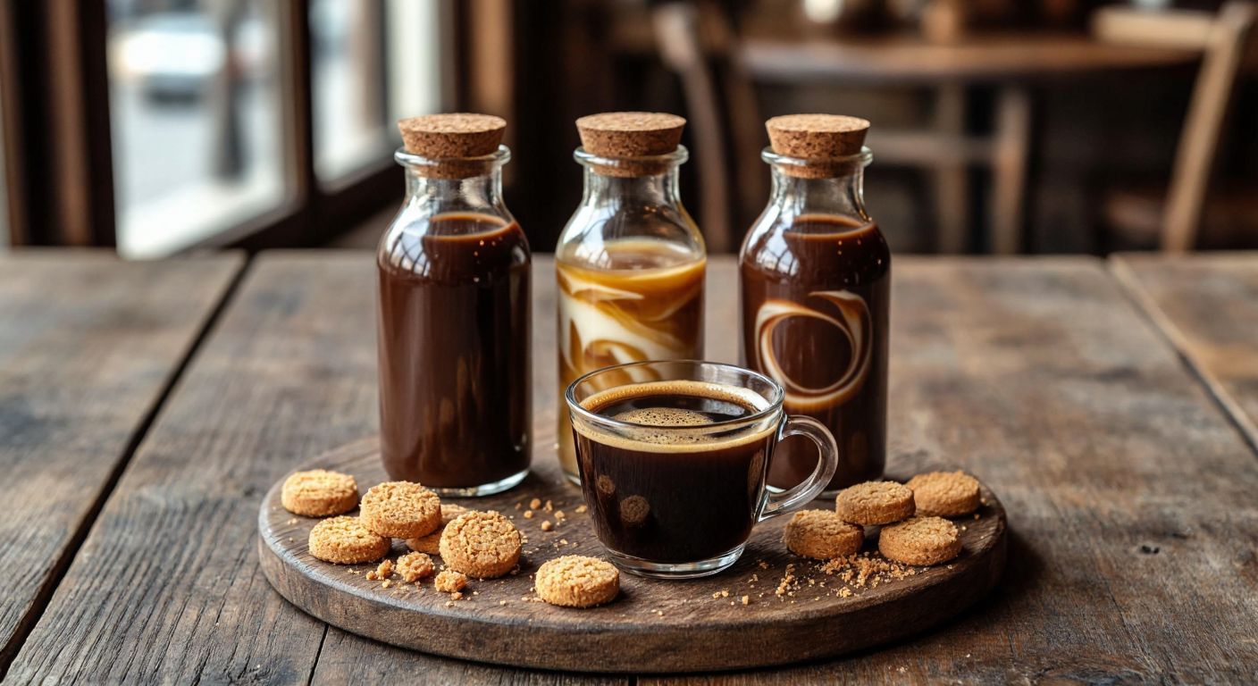 A rustic wooden table in a cozy Turkish café holds three small glass bottles—one filled with rich chocolate liquid, another with golden caramel swirls, and the last with dark coffee—surrounded by scattered biscuit crumbs and a steaming cup of Turkish coffee.
