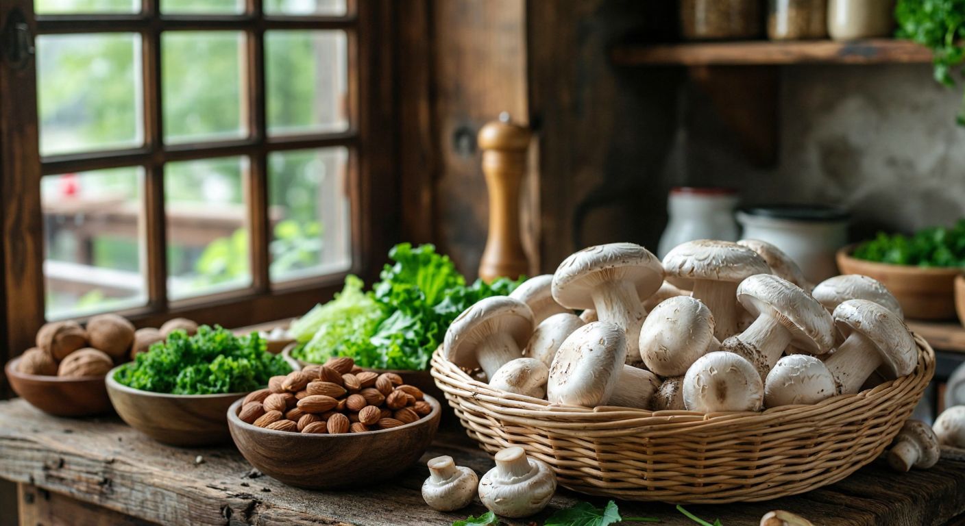 A rustic wooden table in a Turkish kitchen holds a basket of fresh poplar mushrooms, surrounded by small bowls labeled with colorful vitamin-rich foods like nuts, leafy greens, and eggs, evoking health and natural abundance.  

*(Note: The description avoids explicit text/symbols by implying vitamin associations through food items, while grounding the scene in a Turkish domestic setting.)*