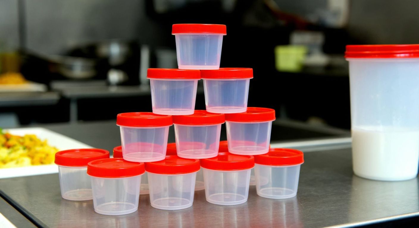 A neatly stacked pyramid of small, transparent 50cc sauce containers with red lids on a stainless steel counter in a bustling Turkish restaurant kitchen.