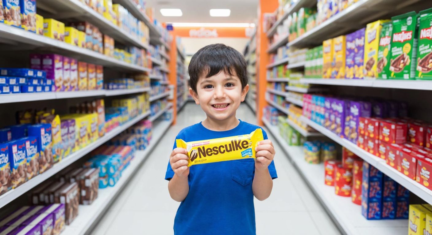 A cheerful Turkish child in a bright Migros supermarket aisle, holding a colorful Nesquik chocolate bar with a delighted smile, surrounded by shelves stocked with various Nesquik products.