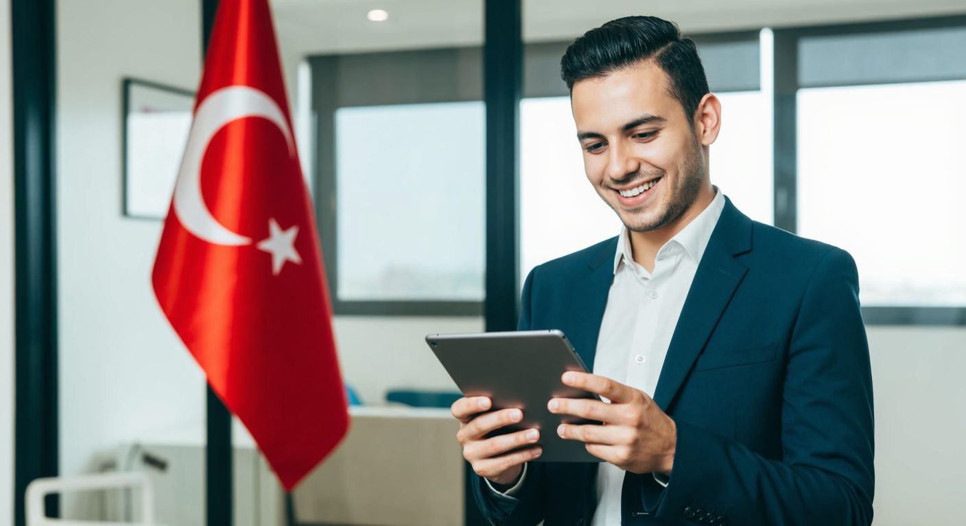A young professional in a modern Ankara office, smiling confidently while browsing job listings on a tablet, with a Turkish flag subtly visible in the background.