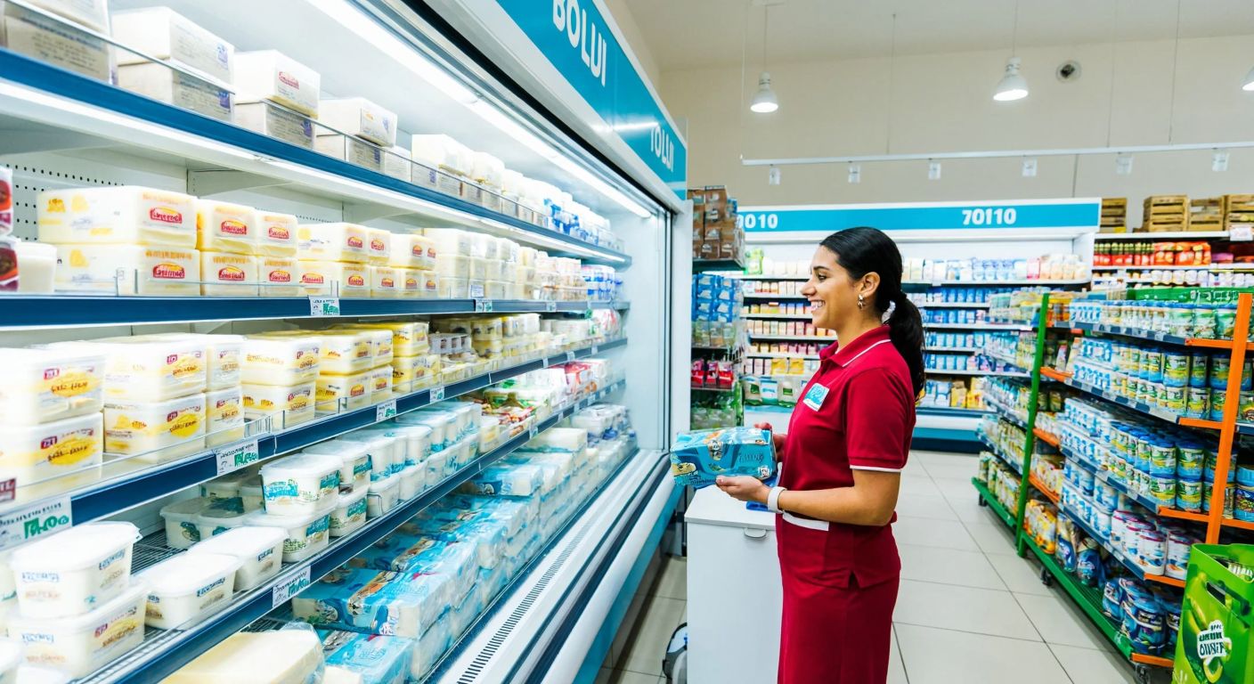 A well-lit A101 supermarket aisle with neatly stacked packages of Torku butter on a refrigerated shelf, surrounded by other dairy products, and a smiling shop assistant in a red A101 uniform checking stock nearby.