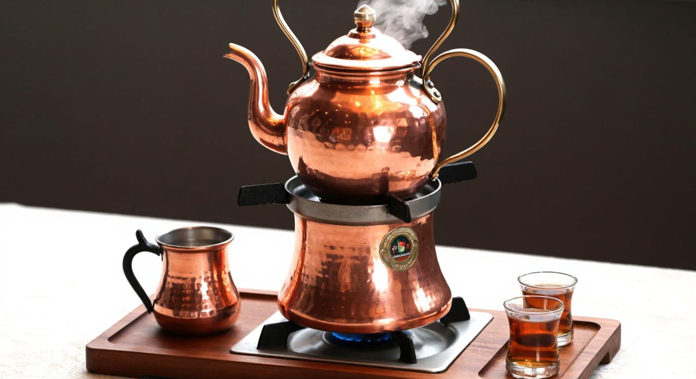 A polished copper tea kettle warmer sits atop a traditional Turkish gas stove, with a steaming copper teapot placed securely on it, surrounded by small tea glasses on a wooden tray, evoking warmth and hospitality.