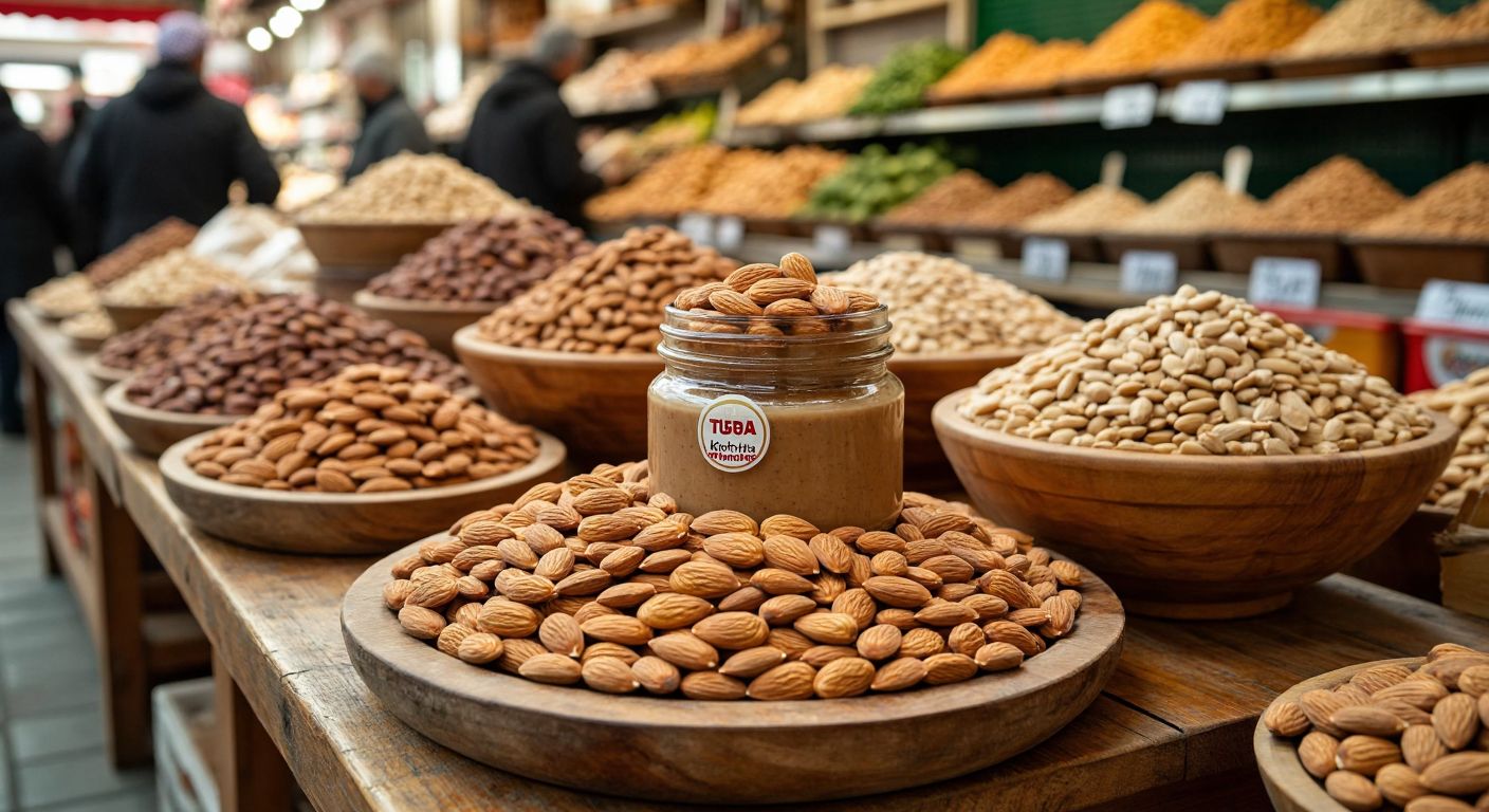 A wooden table in a Turkish market displays a jar of Tuğba Kuruyemiş almond paste surrounded by fresh almonds, with some customers smiling and nodding while others frown and shake their heads.