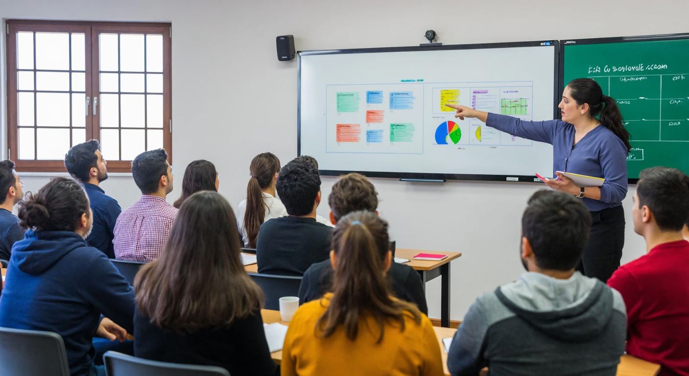A modern Turkish classroom with diverse students attentively listening to an instructor pointing at a digital whiteboard displaying colorful educational charts, symbolizing the electronic management of specialized courses.