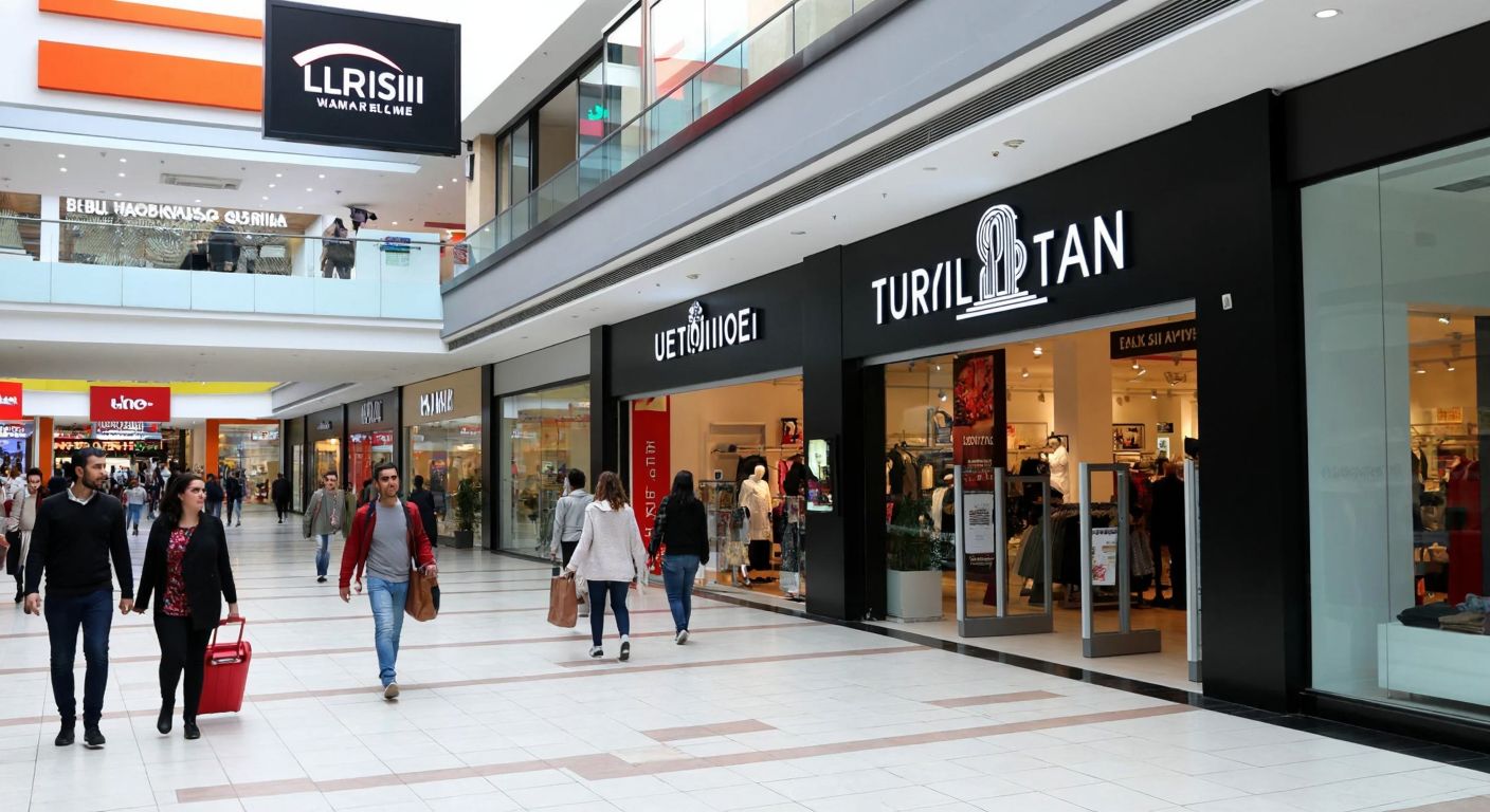 A bustling Turkish shopping mall in Bursa with modern storefronts, shoppers carrying bags, and a prominent furniture store sign missing from the scene.