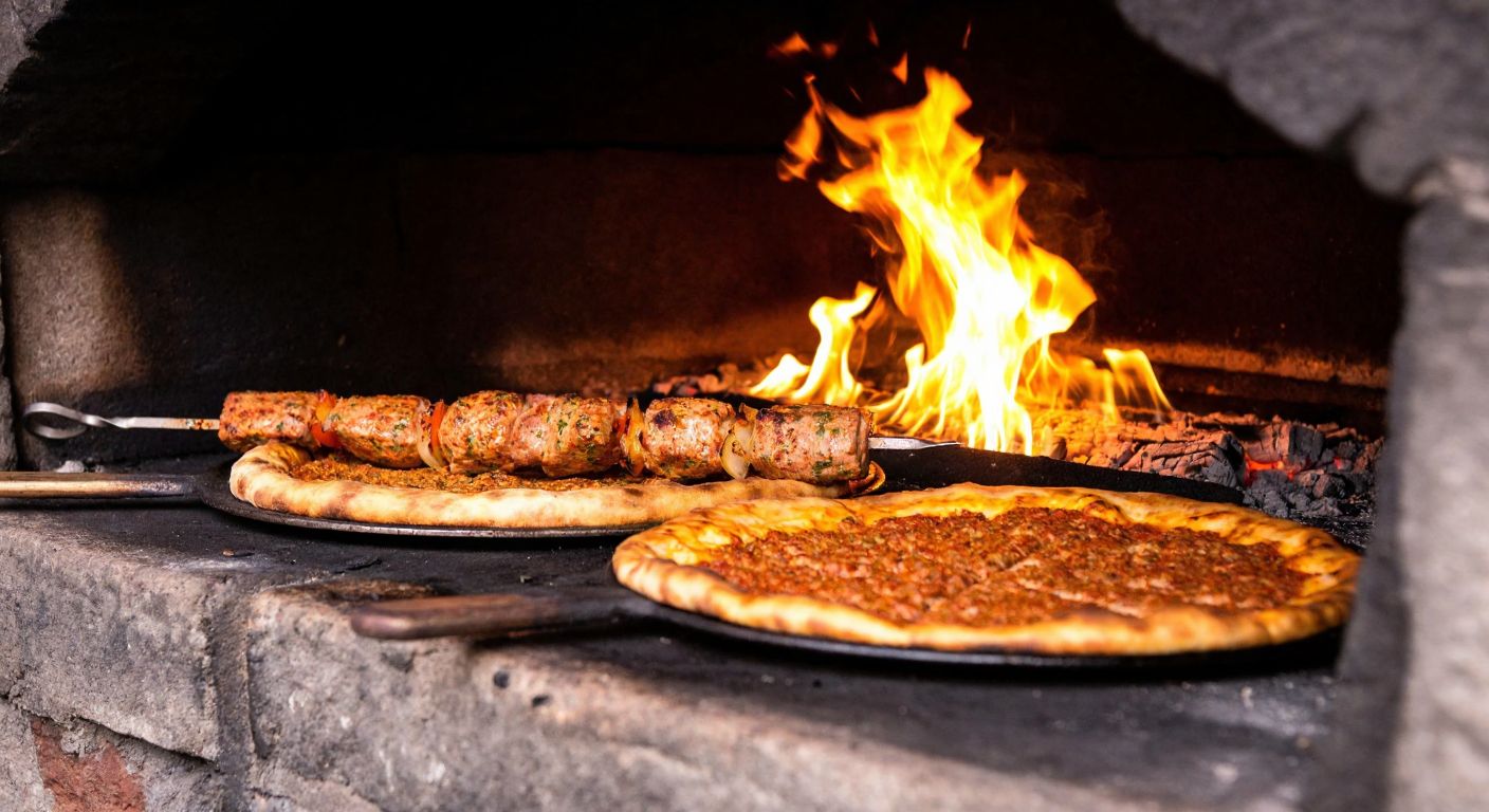 A traditional Turkish stone oven with rotating döner skewers inside, glowing embers beneath, and golden-brown pide or lahmacun baking evenly on the stone surface, surrounded by the warm, inviting glow of the fire.
