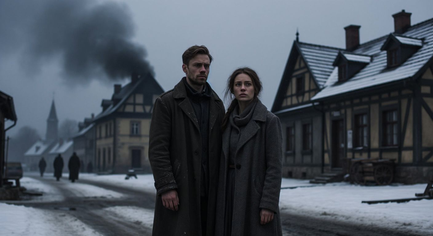 A melancholic Polish couple stands in a dimly lit, snow-covered village square, their gazes distant and postures tense, embodying longing and fractured identity under a gray, oppressive sky.