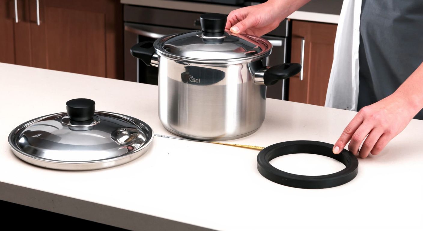 A Turkish kitchen counter with a stainless steel Fissler pressure cooker, its lid placed beside it, and a black rubber gasket being carefully measured with a tape by a pair of hands, evoking focus and precision.