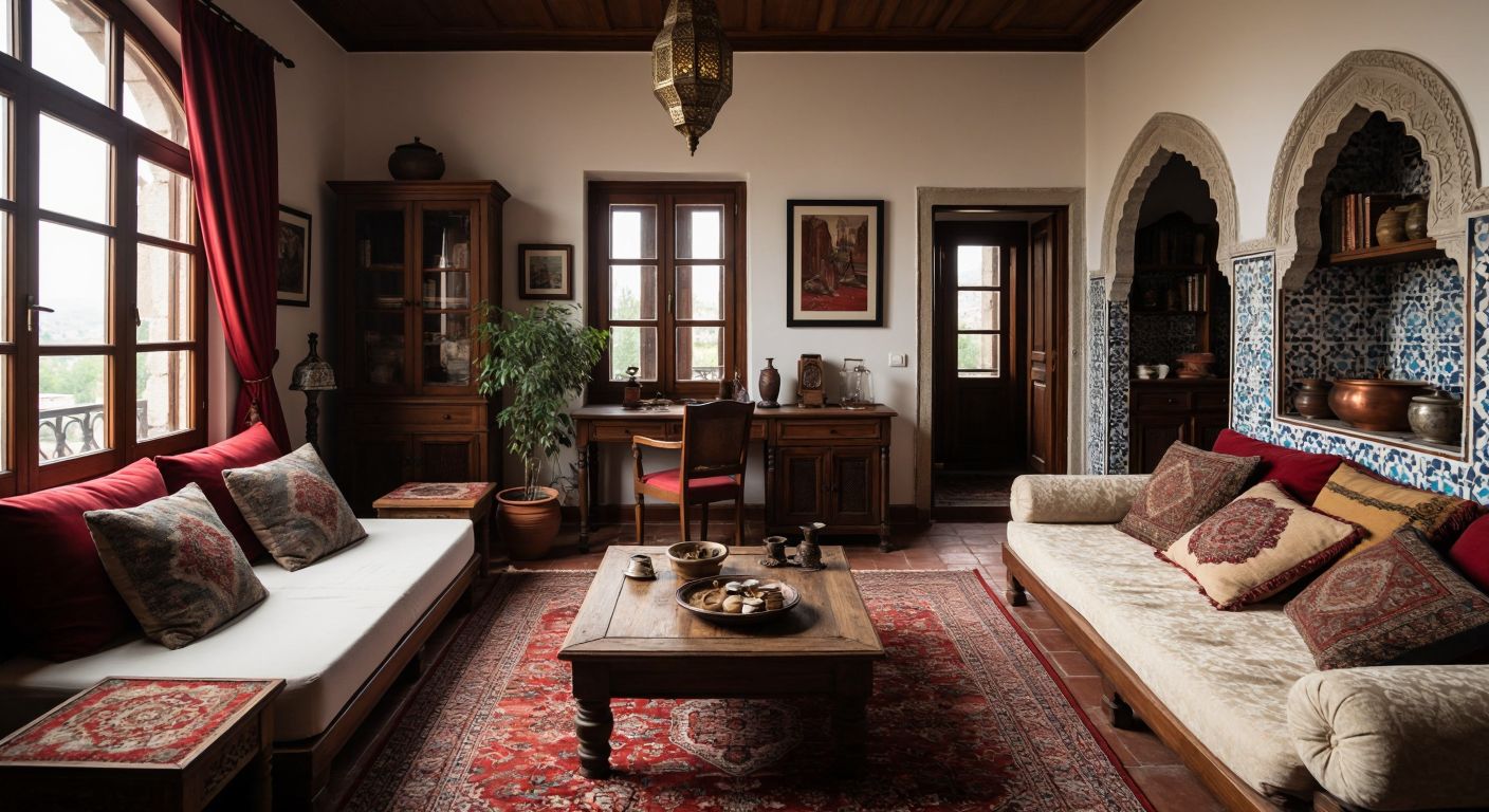 A cozy Turkish home with distinct areas: a living room with plush cushions and a low wooden table, a study with books and a traditional desk, a bedroom with an ornate quilted bed, a tiled bathroom with a copper basin, and an entrance with a woven rug and shoe rack.