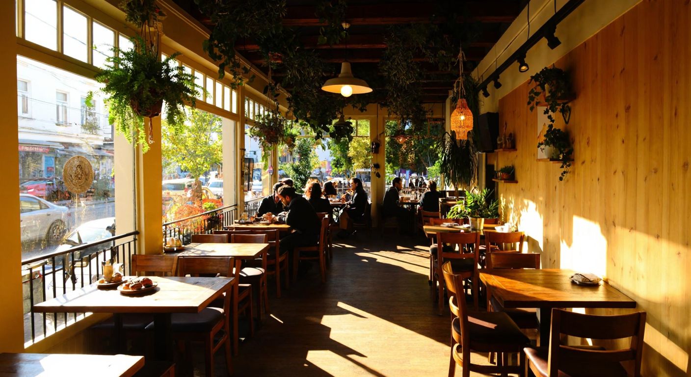 A cozy, sunlit café in Kadıköy with rustic wooden tables, hanging plants, and a warm atmosphere, where people enjoy Turkish coffee and pastries while chatting.