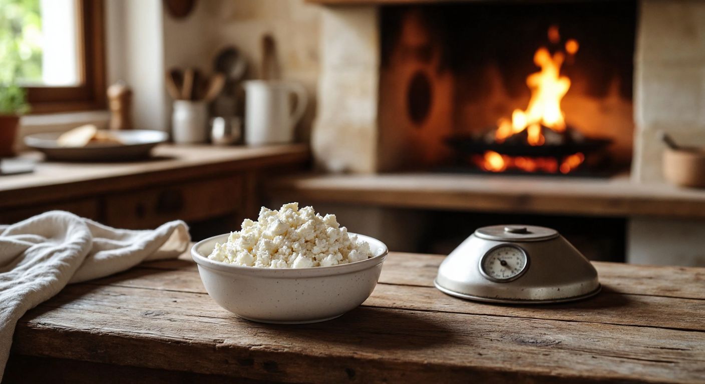 A small white ceramic bowl filled with crumbled goat cheese on a rustic wooden table, with a simple kitchen scale beside it and a warm, sunlit Turkish kitchen in the background.