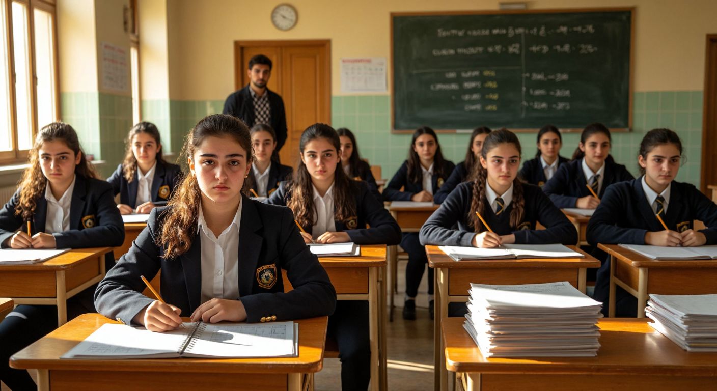 A group of Turkish high school students in school uniforms sit at wooden desks in a sunlit classroom, looking focused yet slightly anxious, with stacks of test papers and pencils in front of them, while a teacher stands near a chalkboard holding a printed exam schedule.