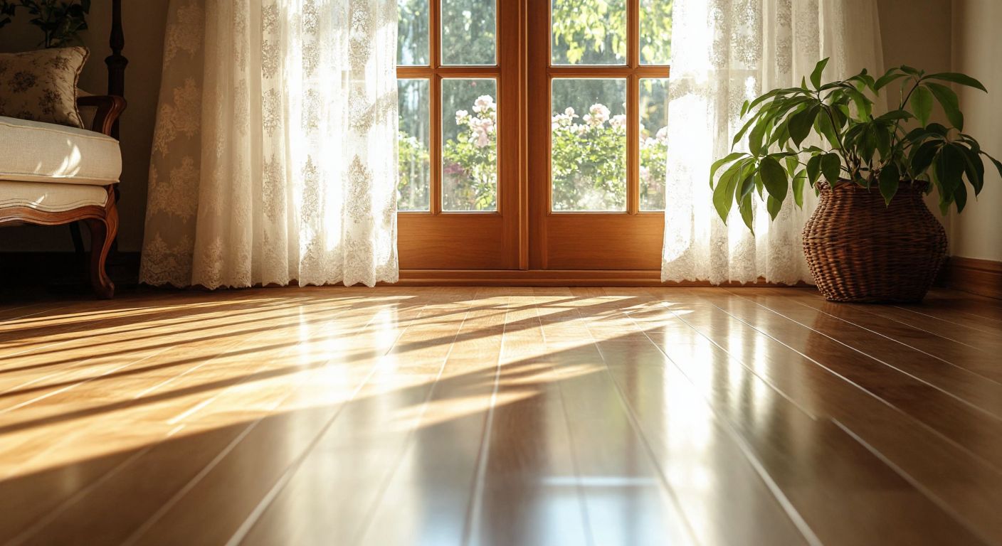 A close-up of a well-maintained, glossy wooden floor in a cozy Turkish home, with sunlight streaming through lace curtains onto its smooth, water-resistant surface.