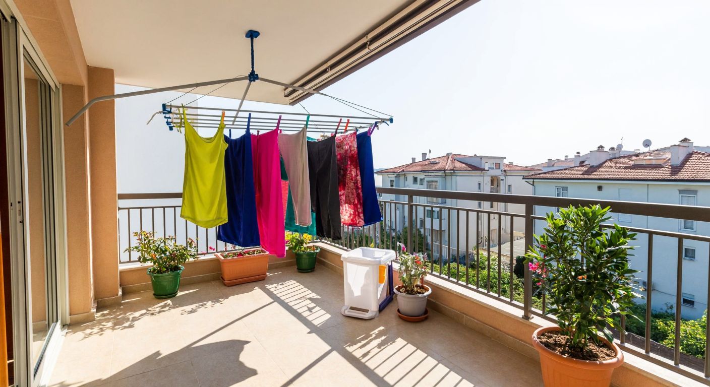 A sunlit balcony in Turkey with a foldable metal clothes drying rack holding colorful laundry, a ceiling-mounted pulley clothesline with towels, and a small plastic drying stand for socks, all surrounded by potted plants.