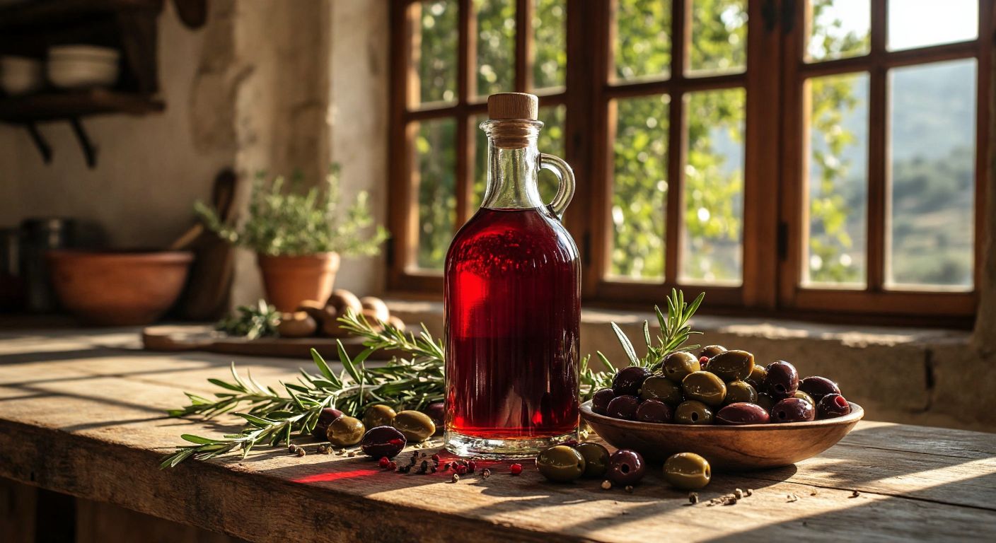 A glass bottle of deep red-hued olive oil sits on a rustic wooden table in a sunlit Turkish kitchen, surrounded by fresh olives and herbs, with a warm, reassuring atmosphere.