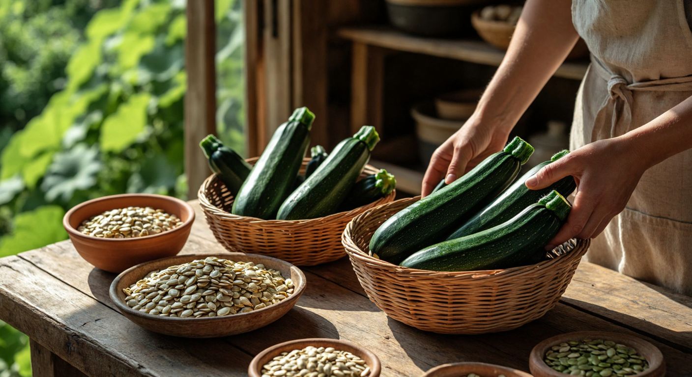 A rustic wooden table in a sunlit Turkish kitchen holds fresh green zucchinis, a woven basket of pumpkin seeds, and a clay bowl of roasted seeds, with hands gently selecting unripe zucchinis from a harvest basket.
