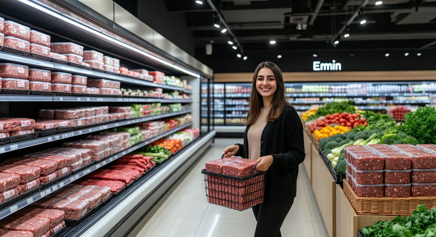 A well-lit Bim supermarket aisle with neatly stacked packages of **Emin** brand ground beef on a refrigerated shelf, surrounded by fresh produce and a smiling Turkish shopper in casual attire holding a shopping basket.