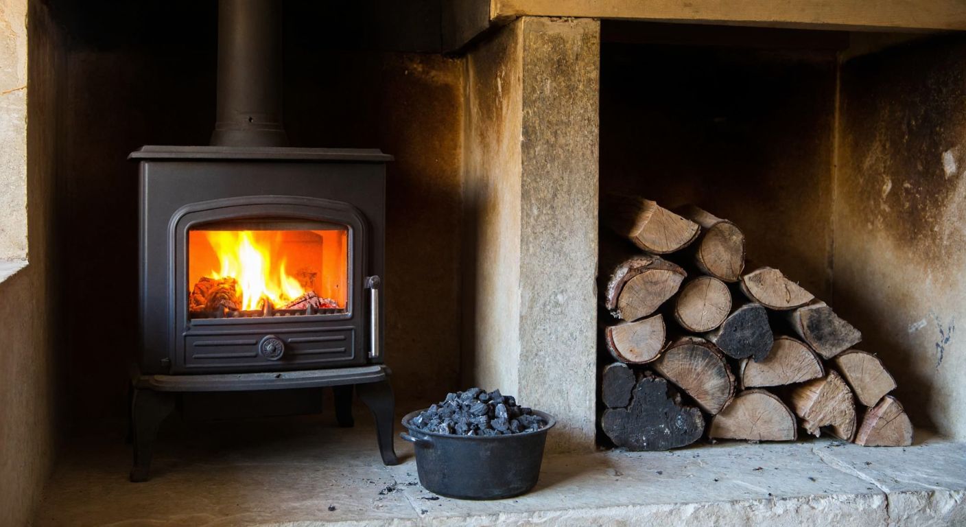A rustic Turkish home with a glowing cast-iron stove in the corner, its embers flickering warmly, surrounded by neatly stacked logs and a small pile of coal nearby.