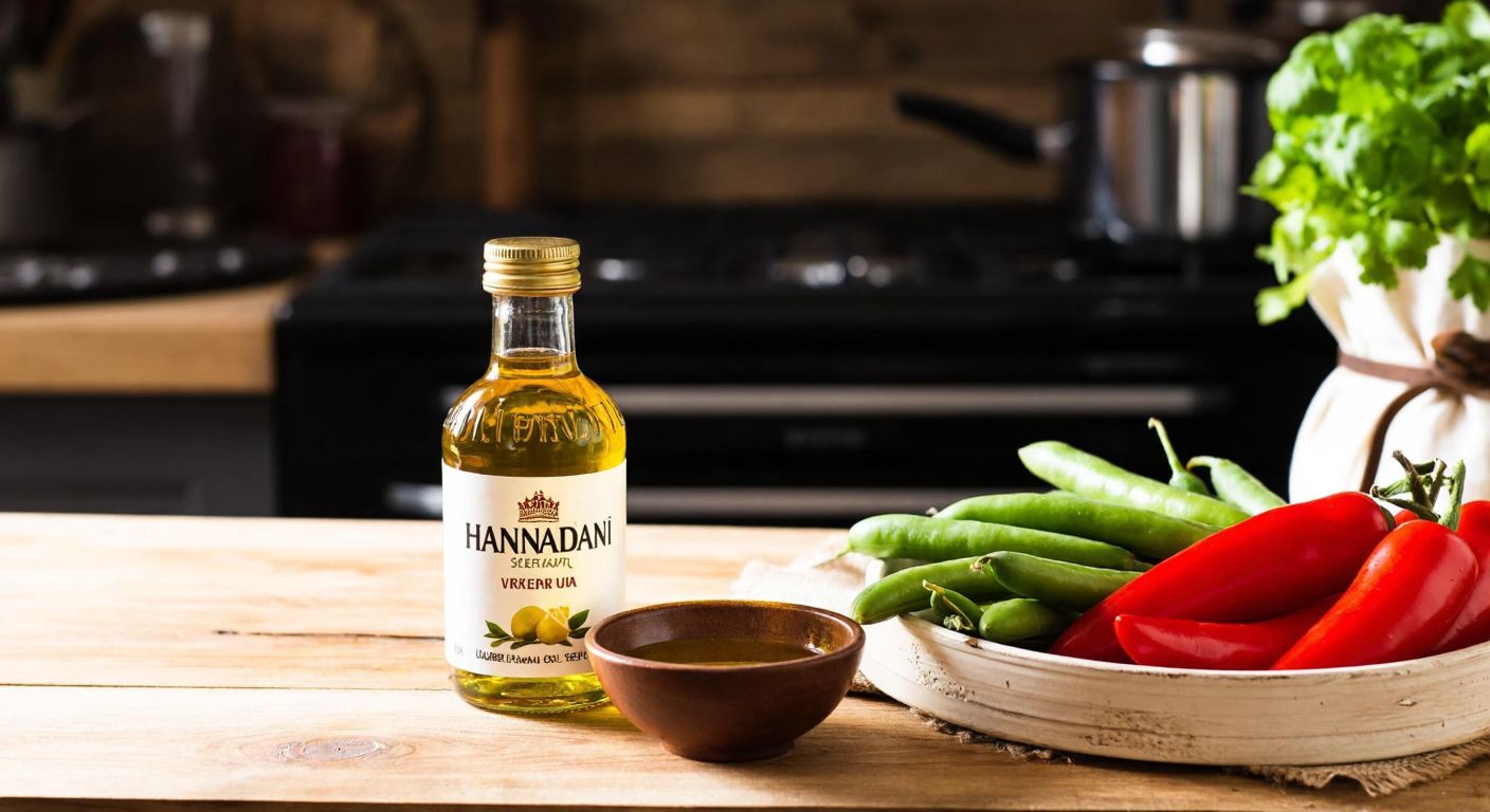 A rustic wooden table in a Turkish kitchen with a glass bottle of Hanedan vinegar next to fresh vegetables and a bowl of olive oil, evoking traditional home cooking.