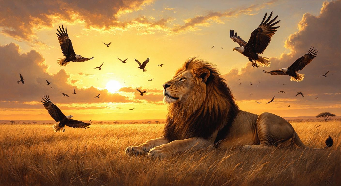 A majestic lion resting under a golden savanna sunset while eagles and smaller birds circle freely in the sky above, their shadows stretching across the warm, windswept grass.