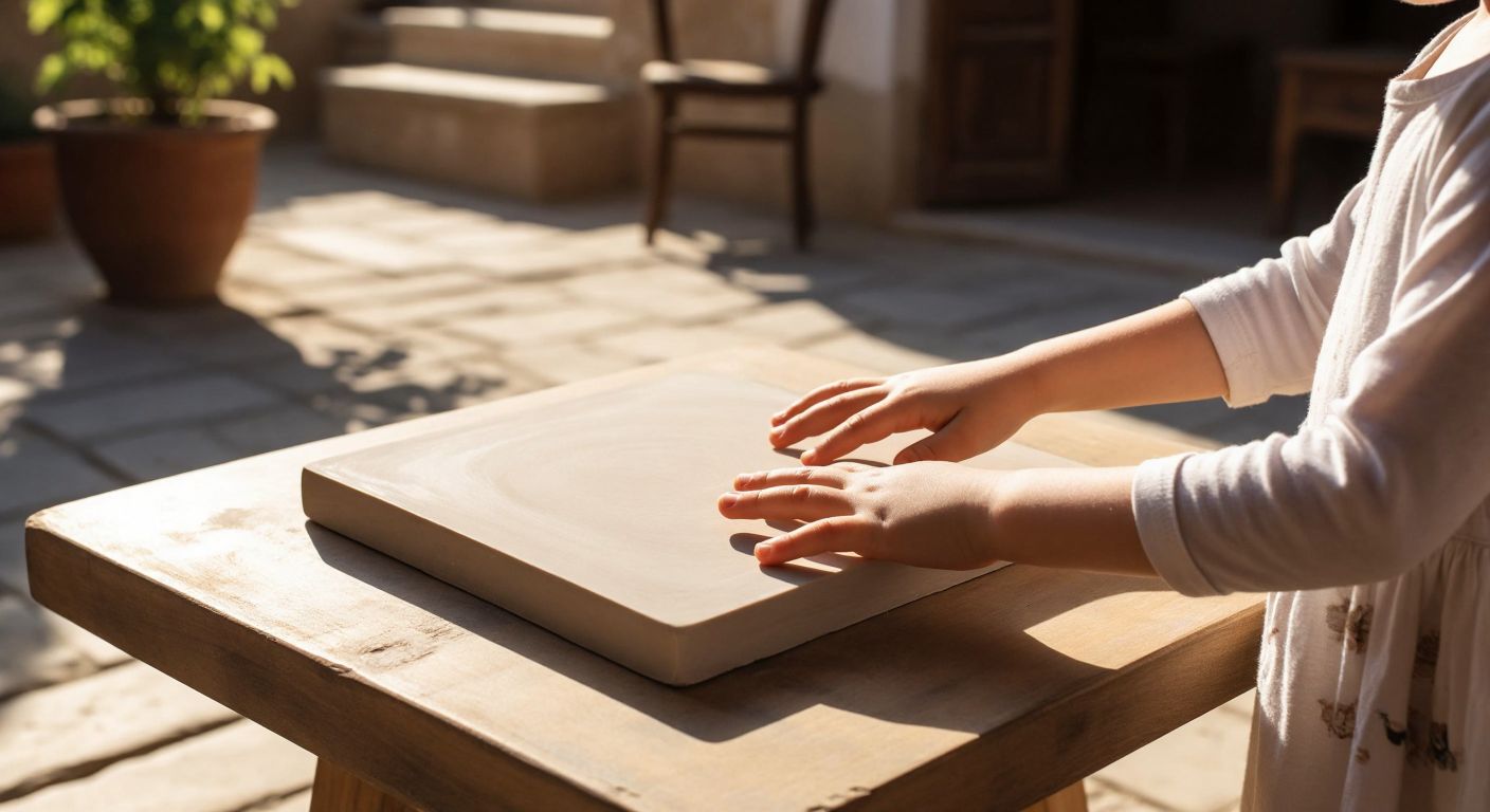 A blank, smooth clay tablet resting on a wooden table in a sunlit Turkish courtyard, with a child’s hands gently pressing into it to shape new impressions.