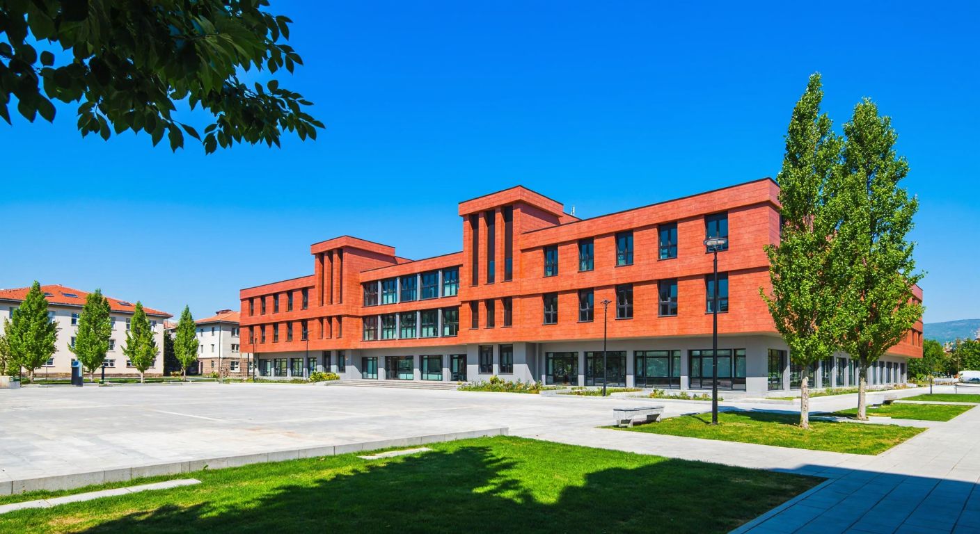 A modern, multi-story school building with a red-brick facade and large windows, surrounded by green trees and a tidy courtyard, under a bright blue sky in Ankara's Çankaya district.
