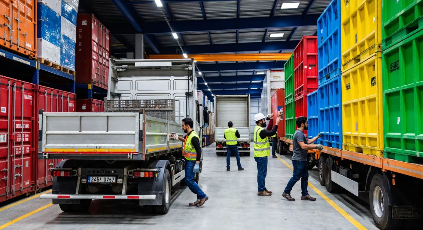 A bustling Turkish warehouse with workers efficiently loading colorful crates onto trucks, symbolizing the seven logistics goals through organized movement, timely deliveries, and satisfied customers.