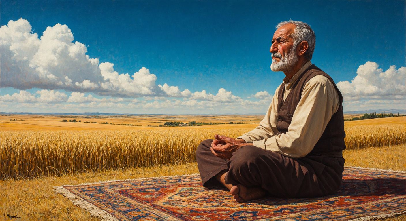 A wise, elderly Turkish man with a calm expression sits cross-legged on a woven rug, gazing thoughtfully at a vast horizon where golden wheat fields meet a deep blue sky.