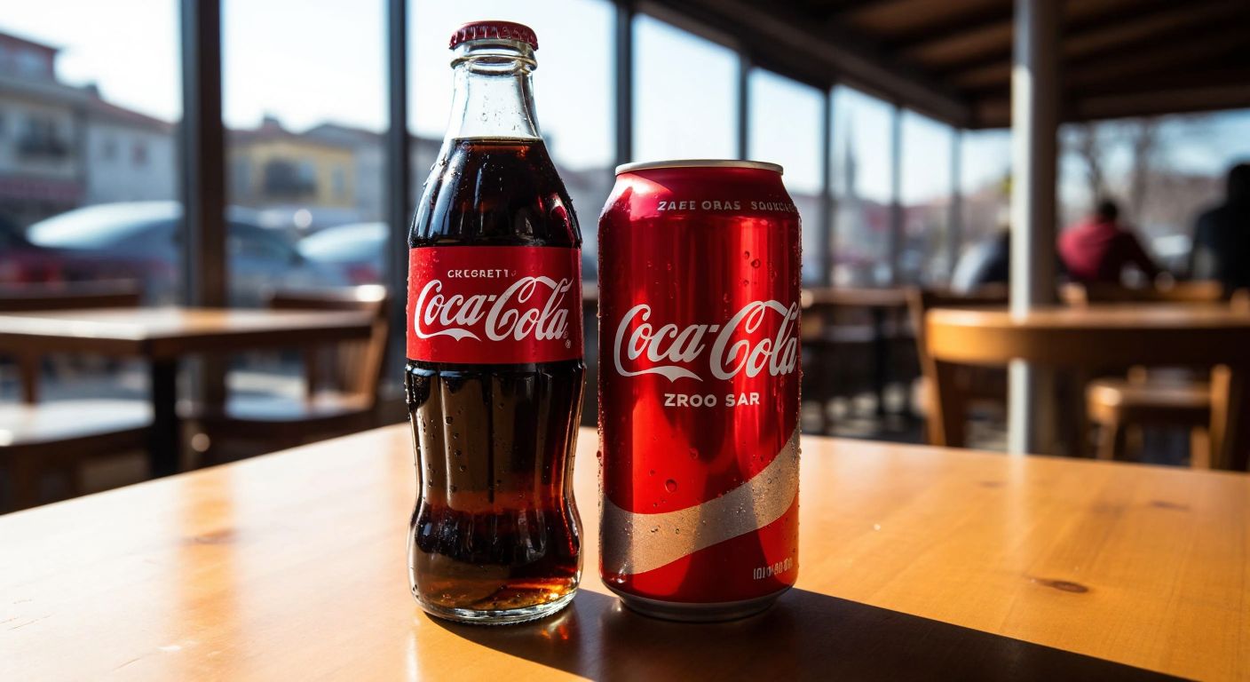 A glass bottle of Coca-Cola Light and a can of Coca-Cola Zero Sugar placed side by side on a sunlit wooden table in a Turkish café, with condensation dripping down their surfaces.