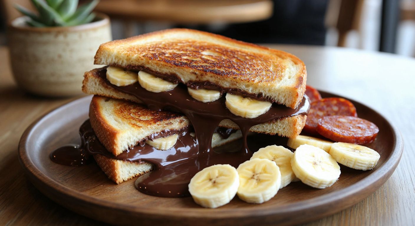 A warm, golden-brown toasted sandwich oozing melted chocolate and sliced bananas, with a side of crispy sucuk and melted kasar cheese on a rustic wooden plate in a cozy Turkish café.