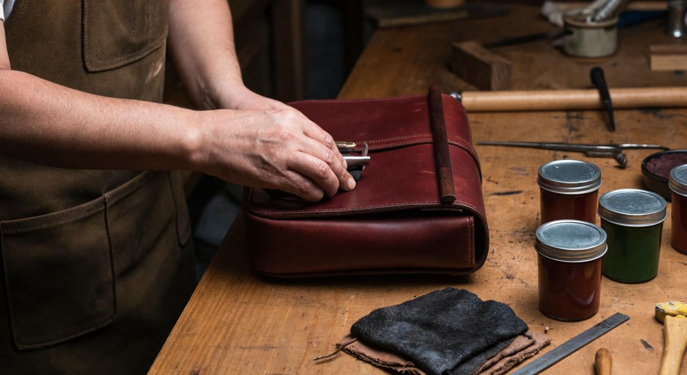 A skilled artisan’s hands carefully repairing a worn leather bag handle with delicate tools, surrounded by small pots of leather dye and fine sandpaper on a wooden workbench in a cozy Turkish workshop.