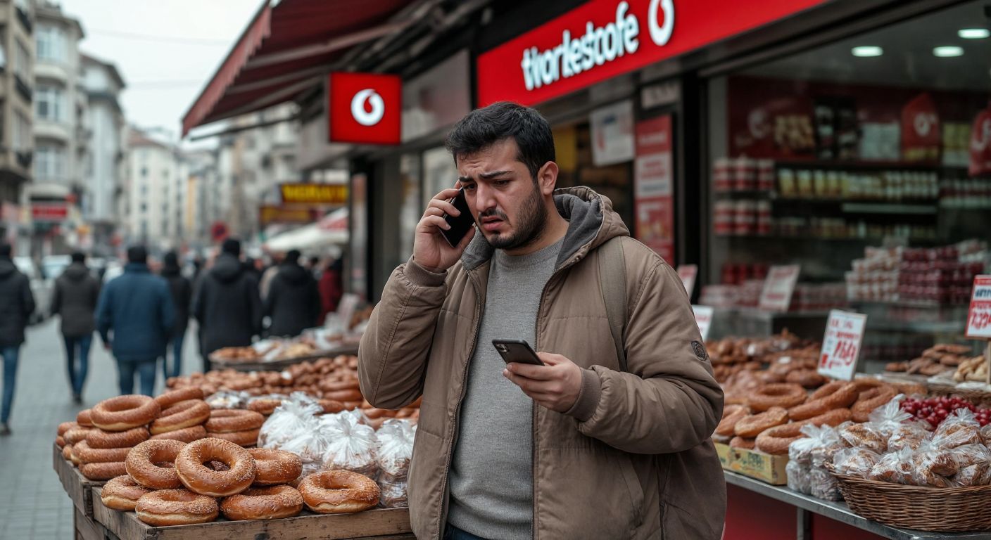 A frustrated Turkish person in casual clothing holds a smartphone to their ear while standing near a bustling street vendor selling simit, with a telecom store's logo (Vodafone or Türk Telekom) faintly visible in the background.