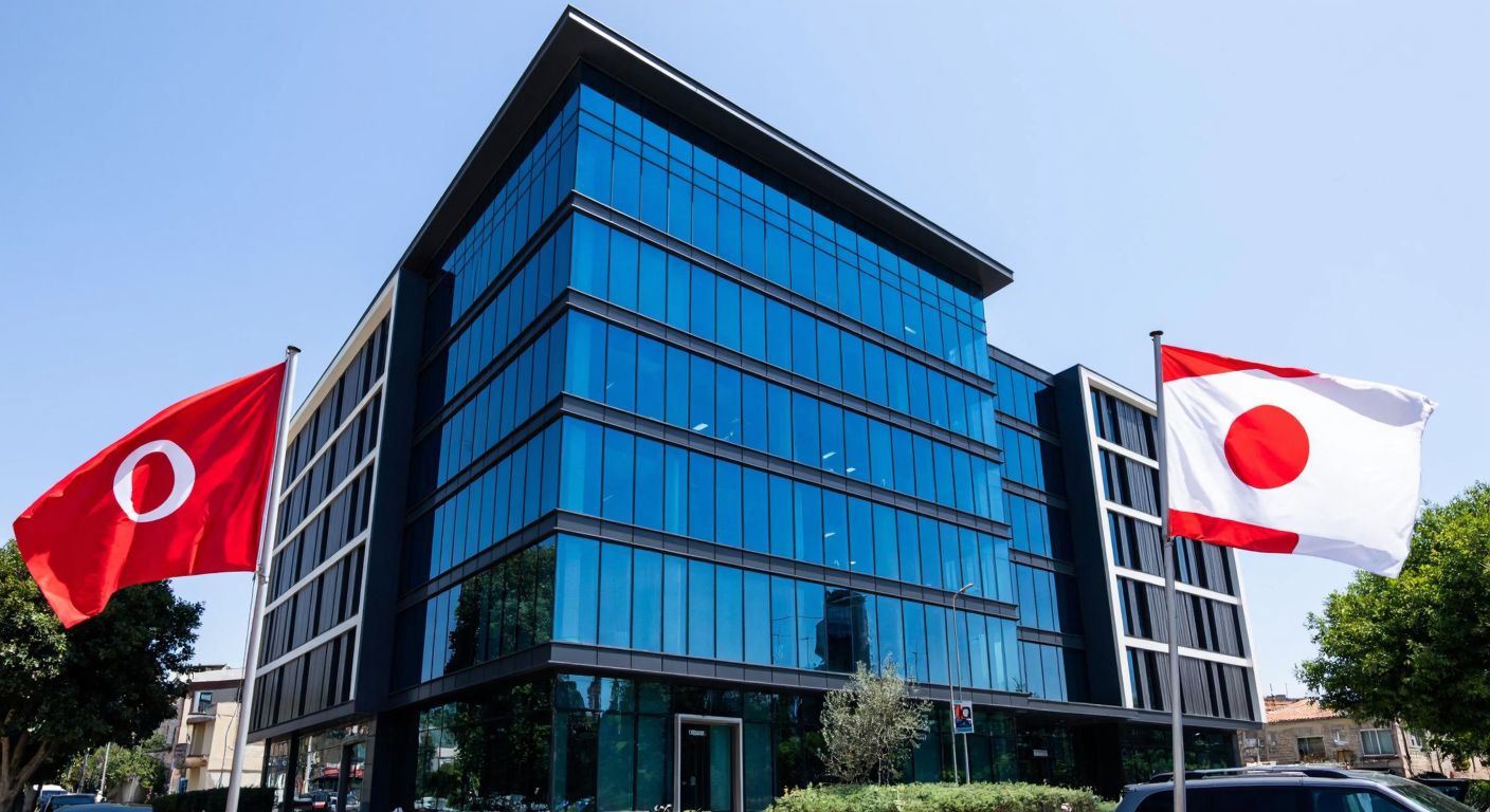 A modern office building in Istanbul with a sleek glass facade, flanked by the Turkish and Japanese flags, symbolizing the partnership between the two countries in the insurance company's history.