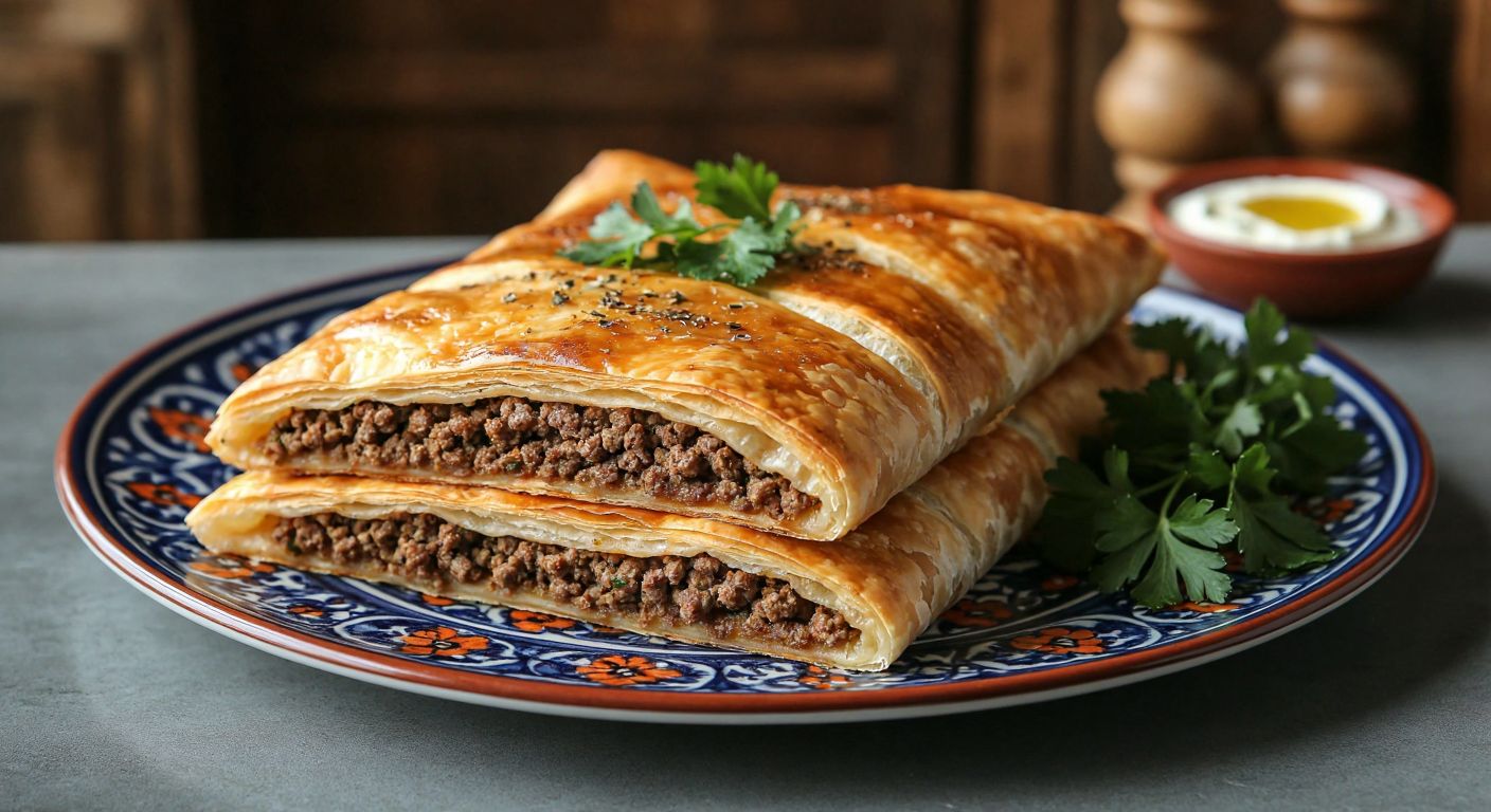 A golden-brown, flaky **Şam böreği** sits on a traditional Turkish ceramic plate, its layers revealing a savory filling of spiced minced meat, with a side of fresh parsley and a drizzle of melted butter glistening on top.