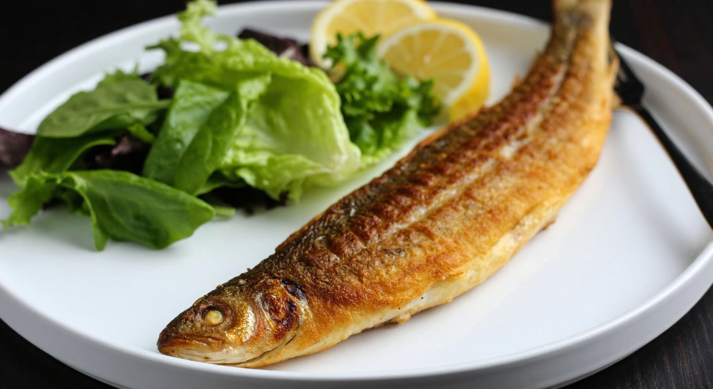 A golden-brown simit levrek (sea bass) fillet, grilled to perfection with a crisp crust, resting on a white ceramic plate beside a fresh green salad and lemon wedges, evoking a sense of wholesome, nutritious dining.