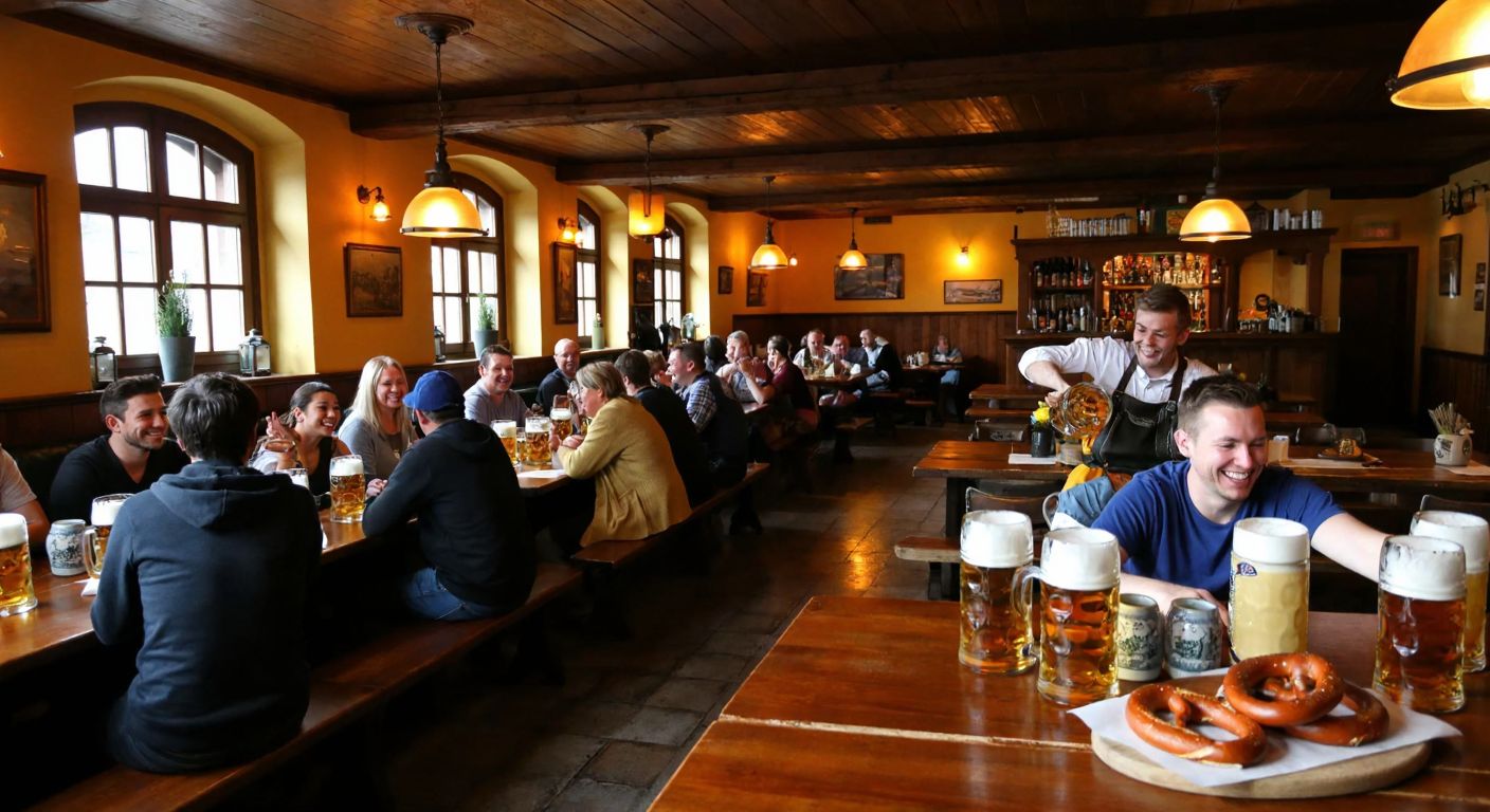 A cozy, dimly lit German tavern with wooden tables, patrons laughing over steins of beer, and a bartender serving pretzels and sausages.
