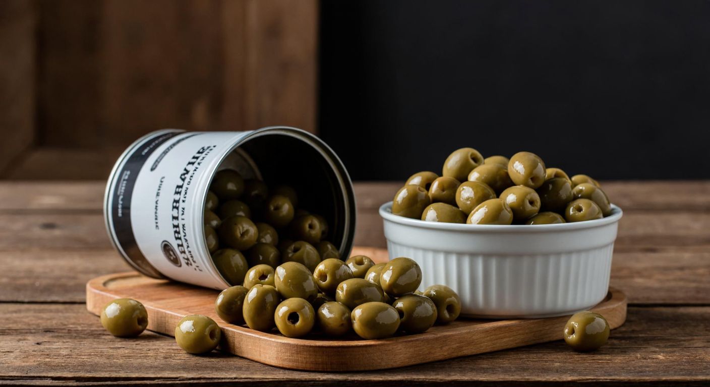 A rustic wooden table in a Turkish kitchen holds an open tin of glossy green Marmarabirlik olives, with a small bowl of them spilled beside it, evoking curiosity about their nutritional value.