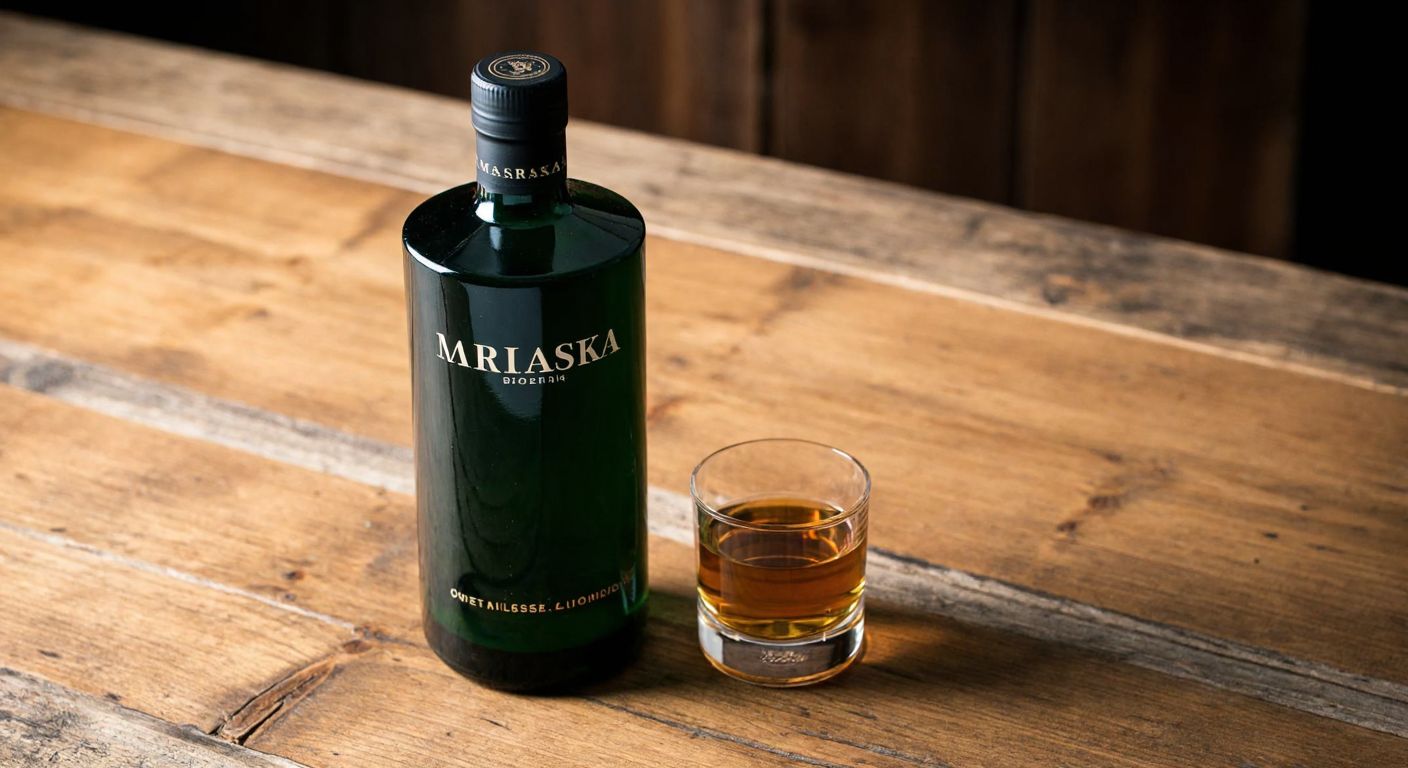 A sleek, dark green glass bottle of Maraska Room liqueur placed on a rustic wooden table, with a small glass filled with the amber liquid beside it, evoking a warm, inviting atmosphere.