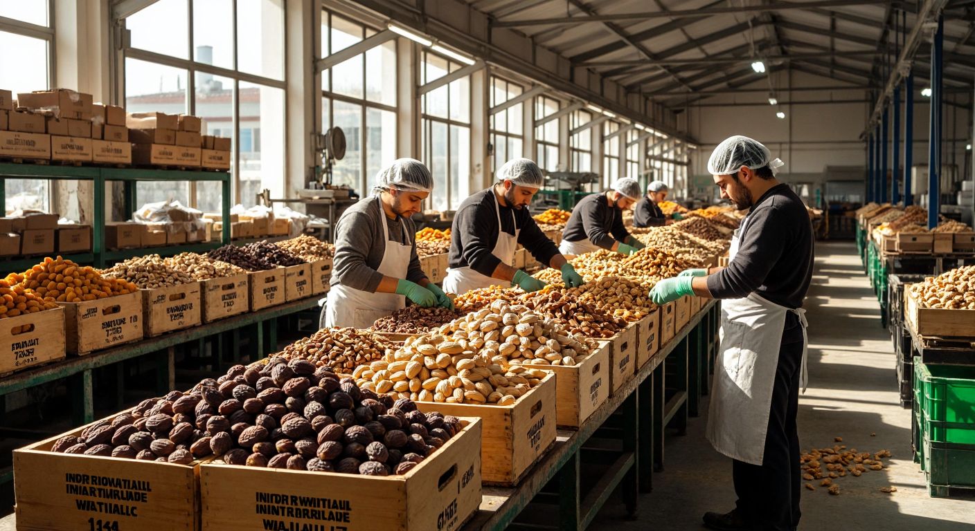 A sunlit Turkish factory with workers in hairnets and aprons carefully sorting dried figs, apricots, and walnuts on a conveyor belt, surrounded by stacked export crates labeled for international markets.