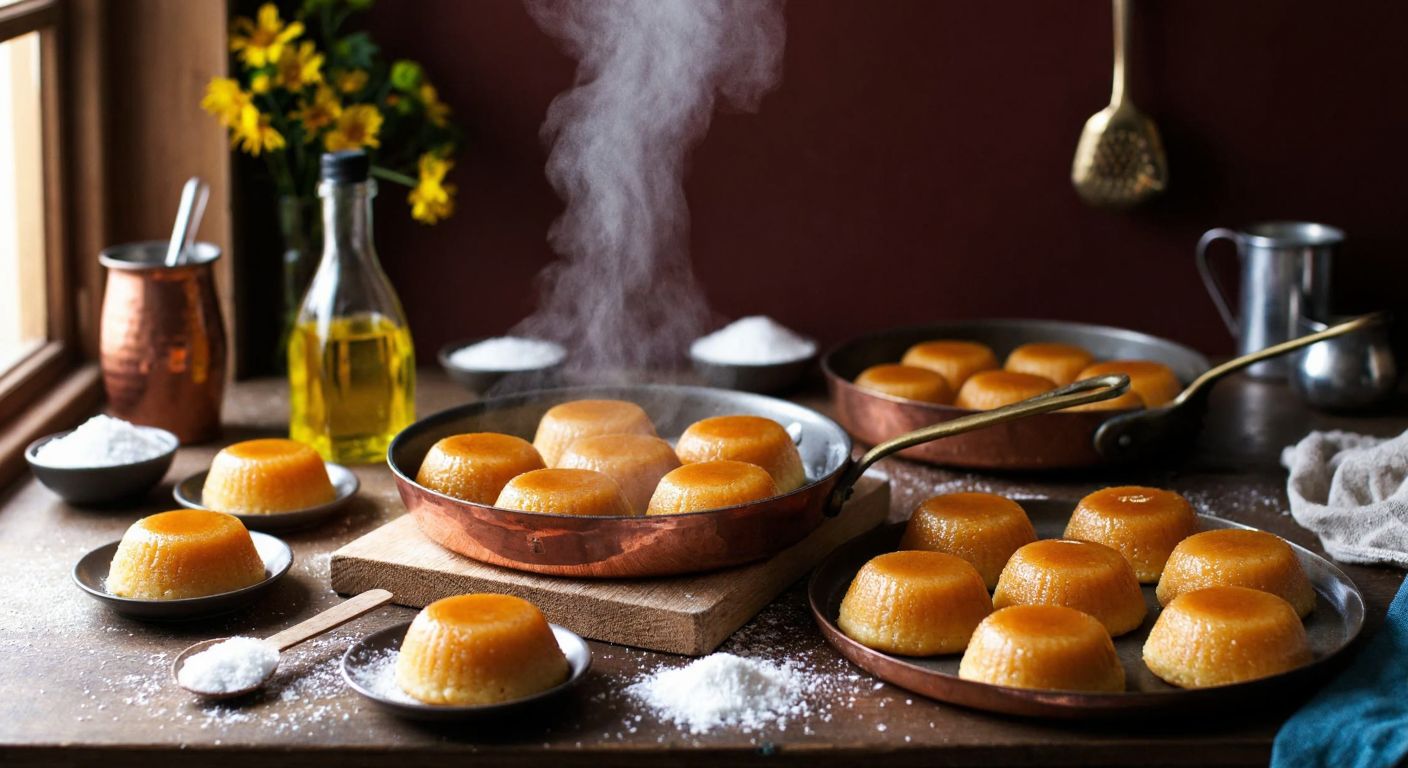 A warm Turkish kitchen with golden-brown un helvası sizzling in a copper pan, a plate of syrup-drizzled şekerpare, and a tray of freshly baked revani, surrounded by scattered flour, sugar, and a bottle of liquid oil, evoking a cozy, homemade dessert-making scene.