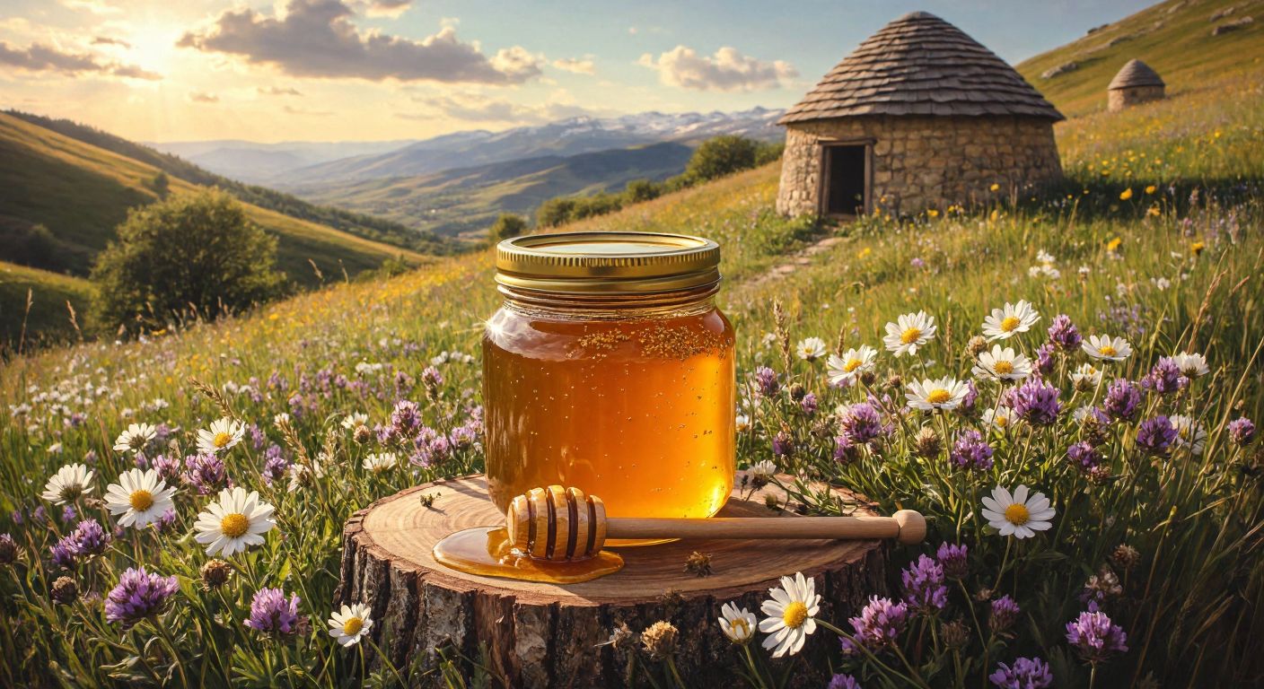 A golden jar of honey with a wooden dipper, surrounded by wildflowers in a sunlit highland meadow near Şenkaya, with a traditional Turkish beehive in the background.