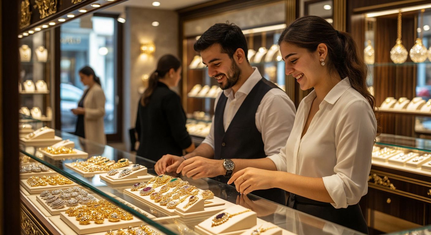 A warm, bustling jewelry shop in Turkey with a polished wooden counter displaying intricate gold and gemstone pieces, where a smiling jeweler in a crisp white shirt assists a curious customer, surrounded by soft lighting and elegant glass cases.