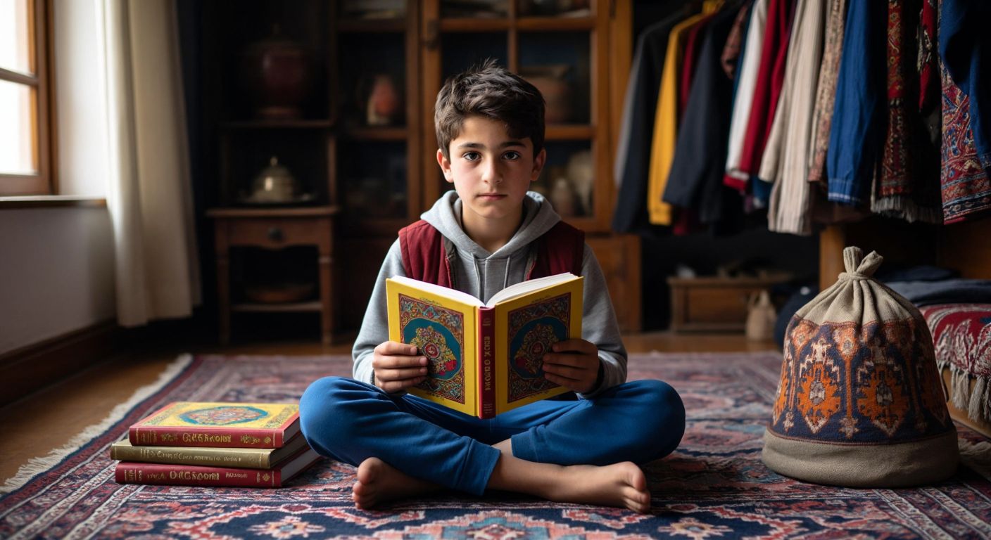 A Turkish teenager (around 14 years old) with curious eyes sits cross-legged on a patterned kilim rug, holding two colorful books titled *Gökçen 1* and *Gökçen 2*, while a disapproving adult gently removes a third darker-covered book (*Gökçen 3*) from a low wooden shelf nearby.