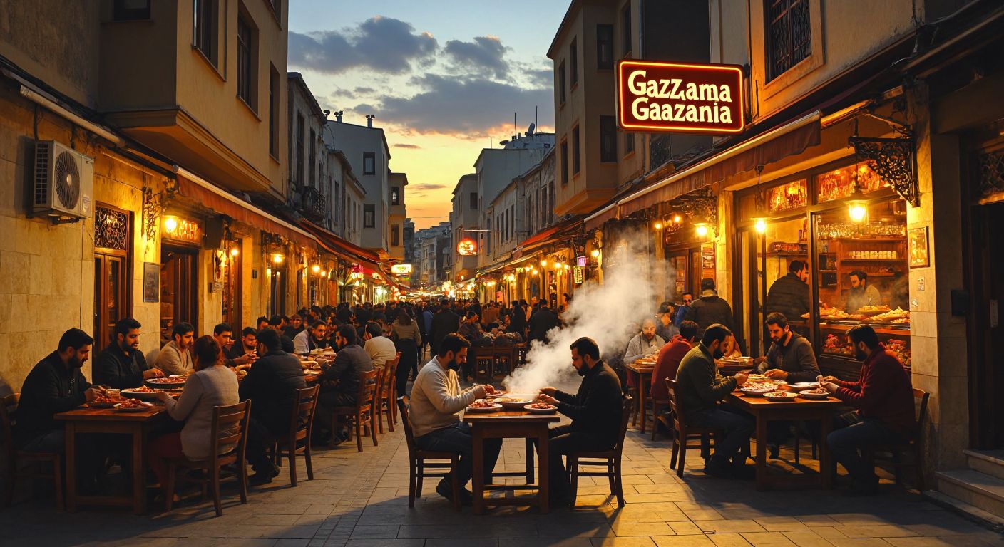 A bustling Gaziantep street with a warmly lit restaurant sign, steam rising from bowls of spicy beyran soup, and locals enjoying the dish at wooden tables under a clear blue sky.