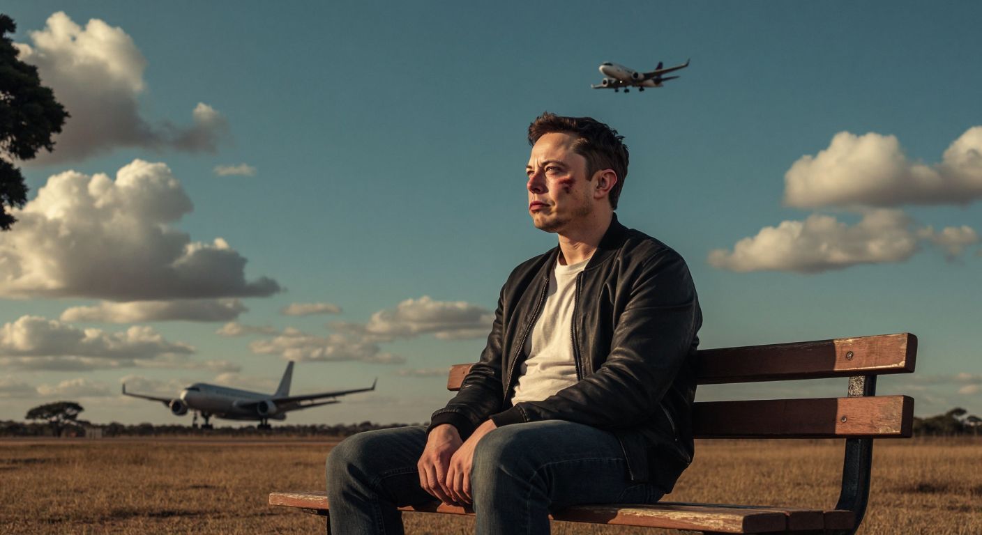 A young Elon Musk with a bruised face sitting alone on a school bench in South Africa, gazing at a distant airplane in the sky, symbolizing his desire to escape violence and seek opportunities abroad.