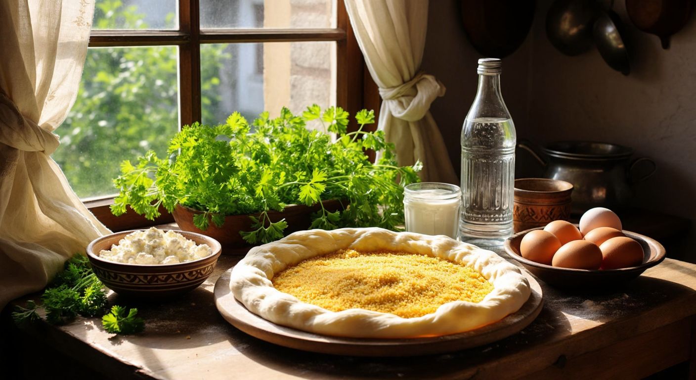 A rustic wooden table in a sunlit Turkish kitchen displays fresh yufka dough, crumbled white cheese, chopped parsley, eggs, a bottle of mineral water, and a bowl of golden sesame seeds, evoking warmth and tradition.