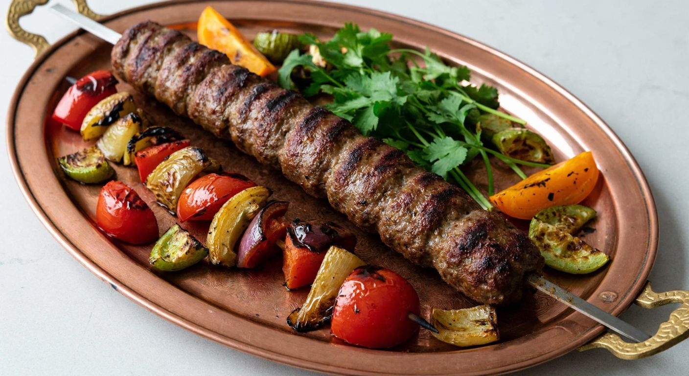 A sizzling skewer of golden-brown **Parmak Kebap**, made with tender chunks of lamb or beef, resting on a traditional Turkish copper tray beside a bed of grilled vegetables and fresh herbs.